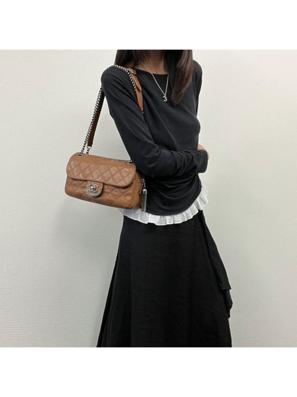 Chanel Quilted Wild Stitch CC Logo Tassel Chain Shoulder Bag Leather Camel